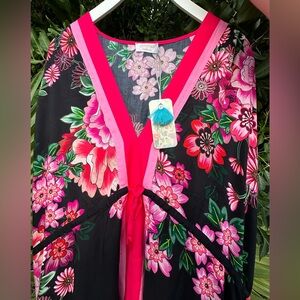 Johnny Was Black V-Neck Kaftan with Pink Floral Design